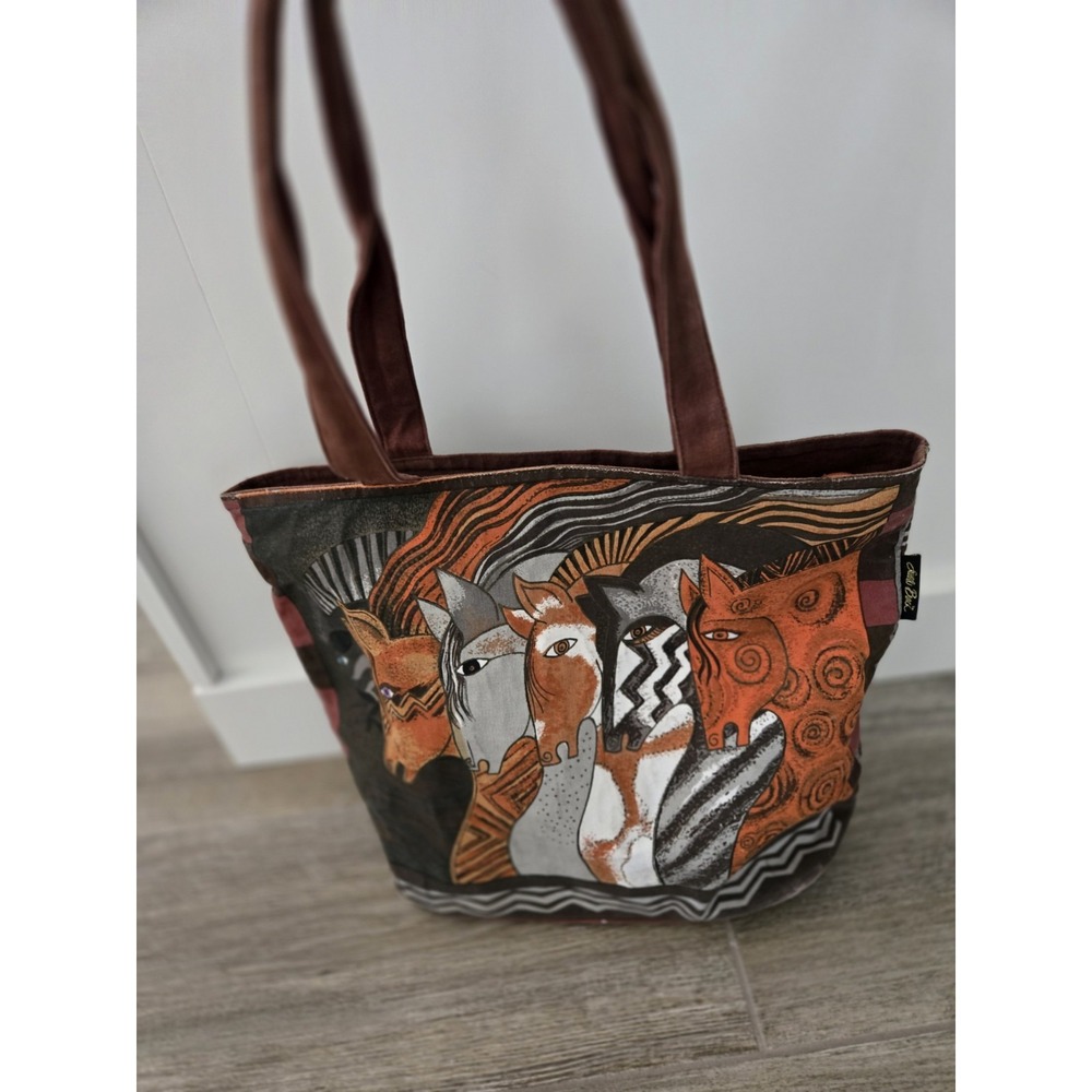Laurel Burch Horses Duffle Weekender Bag Handpainted Lrg Beach Tote Black Brown